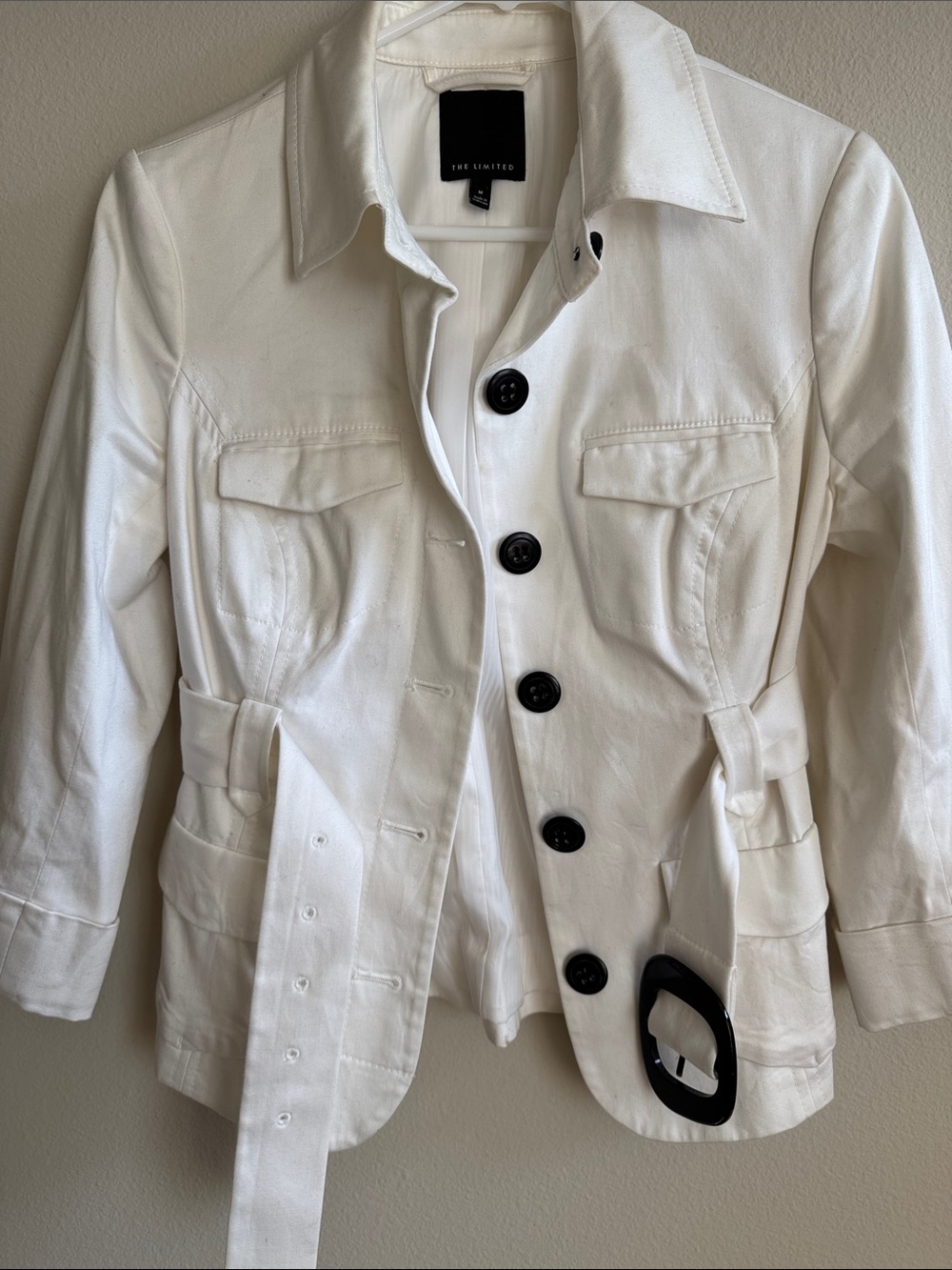 The Limited White Button-Front Belted Jacket with Black Buttons